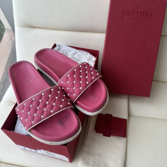Valentino GARAVANI Flip Flops Pink Rockstud Sz 38 White Sandals - Picture 1 of 5